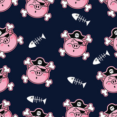 seamless pattern cute pirate pig and fish bone