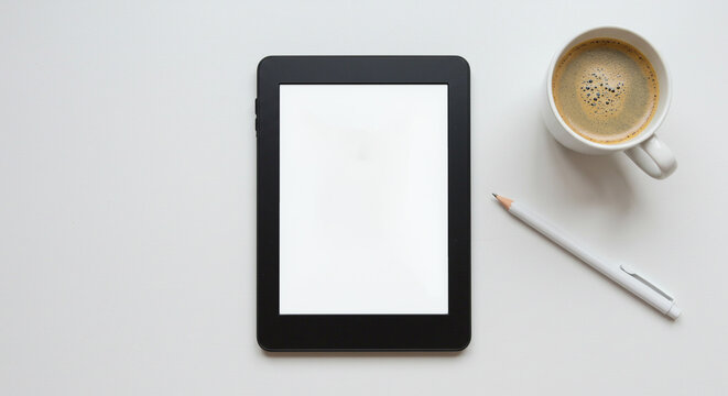 Modern E-reader with Coffee and Spoon Digital Reading Technology Lifestyle
