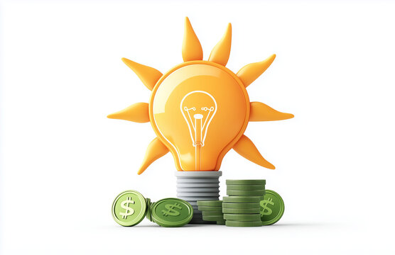 Sun Shaped Lightbulb with Stacks of Coins Solar Energy Savings Concept