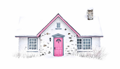 Fototapeta premium Pink Door Cottage Winter Snow Scene