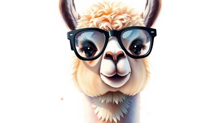 Fototapeta premium Adorable alpaca wearing black glasses, watercolor style, adorable, cute