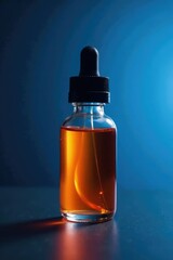 Vaping liquid in a clear bottle on a dark surface, blue background, chemical container, e juice