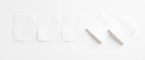 Five half-folded white papers on white background, minimalist arrangement, texture, note