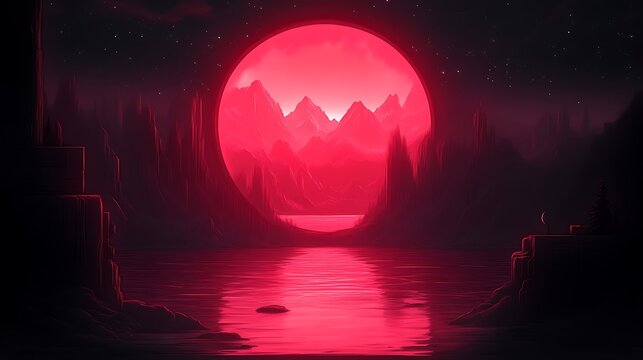 Crimson Moonlit Mountainscape Over Still Lake