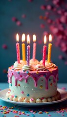 Colorful birthday cake with lit candles and confetti decorations, candles, cake