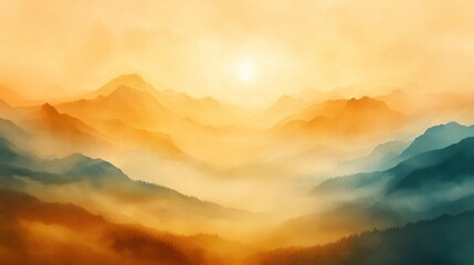 Obraz premium Ethereal Golden Sunrise Over Misty Foggy Valley Landscape