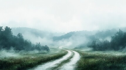 Solitary Road Disappearing Into Misty Quiet Landscape