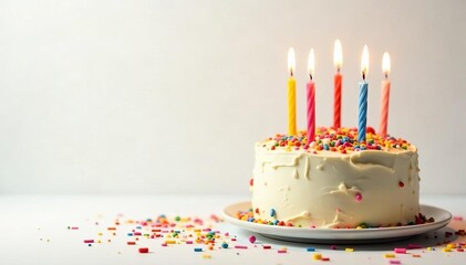 Colorful birthday cake with lit candles and confetti on white background, sweets, festive
