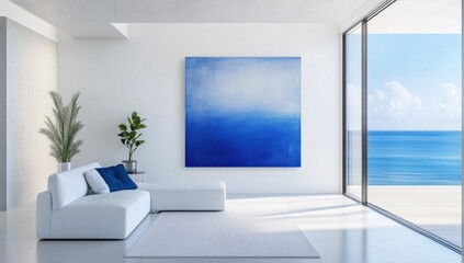 Modern interior room with coastal view and blue abstract painting