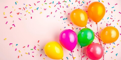 Fototapeta premium Flat lay birthday card design with colorful balloons and confetti on pastel background, modern, cheerful
