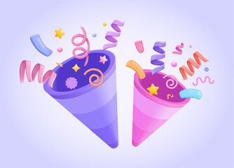 Colorful Confetti Poppers with Ribbons. Festive Firework Explosion for Party and Celebration. Vector 3d design concept. Three dimensional vector illustration for web, print, banner, landing page.