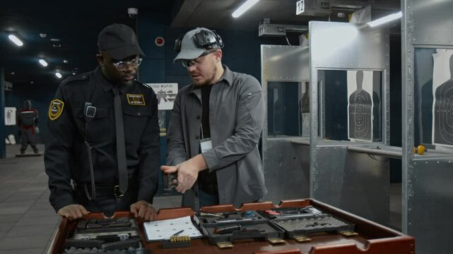 Medium shot of professional Caucasian male armorer training African American police cadet in firearm handling basics, demonstrating how to load cartridge with bullets, hold and charge weapon