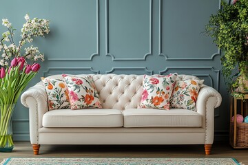 Elegant Cream Sofa with Floral Pillows in Interior Setting Decoration