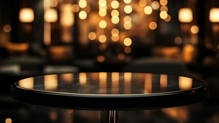 Round table with bokeh lights in the background in a dark setting