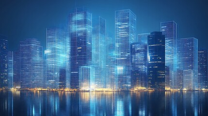 Futuristic city skyline depicts buildings with illuminated lights and reflections