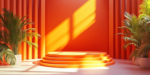 Orange Podium Display with Sunlight and Tropical Plants for Product Showcase