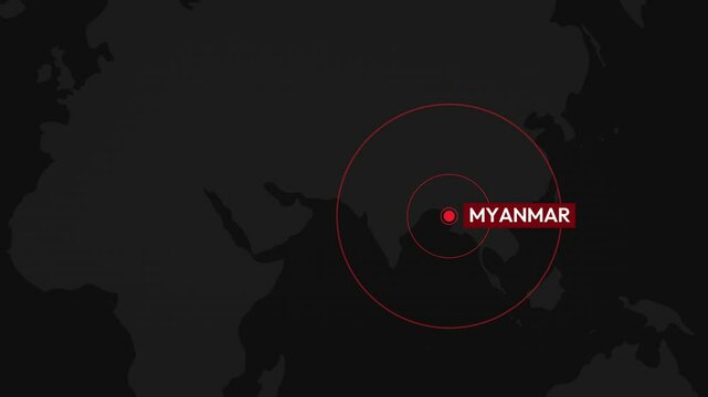 Earthquake in Myanmar concept with red alarming circles on the world map, 4k animation. Breaking news backdrop for earthquake, disasters, emergency.