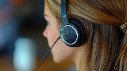 Woman engaged in an intense virtual meeting wearing a headset while focusing on the screen in a dimly lit room during evening hours