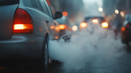 Toxic Emission: An image of multiple cars emitting exhaust smoke, creating a hazy and polluted atmosphere in an urban setting. Illustrates the negative environmental impact of vehicle emissions.
