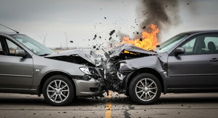Head on collision between two cars resulting in significant damage and subsequent fire and smoke plumes
