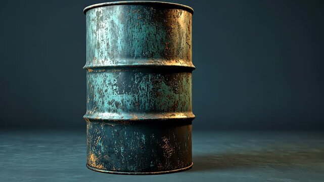 Push-in motion onto a rusty metal barrel rotating slowly in a dimly lit industrial studio, showing detailed textures and weathered patina in a cinematic blue-toned environment.