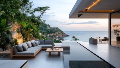 Fototapeta premium Modern luxury home with scenic ocean views from the patio