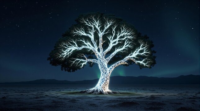 Glowing tree with geometric branches under a starry night sky landscape