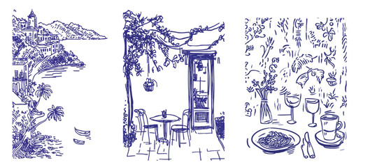 Hand drawn doodle style illustration. European summer vacation destination. Pretty coastline and cafe restaurant