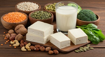 A variety of plant based protein sources including tofu lentils and nuts displayed on a wooden surface