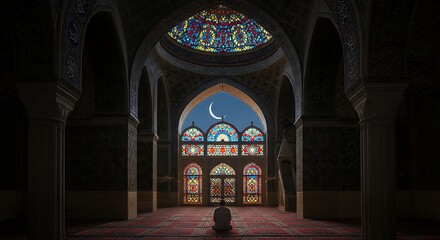 Obraz premium Person Praying in Mosque Interior with Stained Glass and Moon