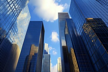 Obraz premium Low Angle of Skyscrapers Against Blue Sky and Clouds, Modern Architecture Facades