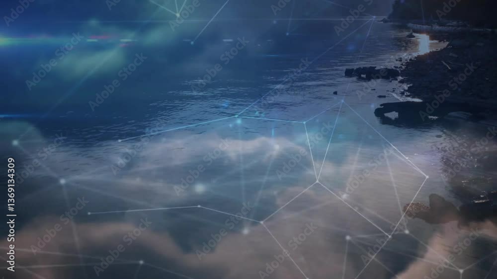 Poster network of connections and data processing animation over serene ocean landscape