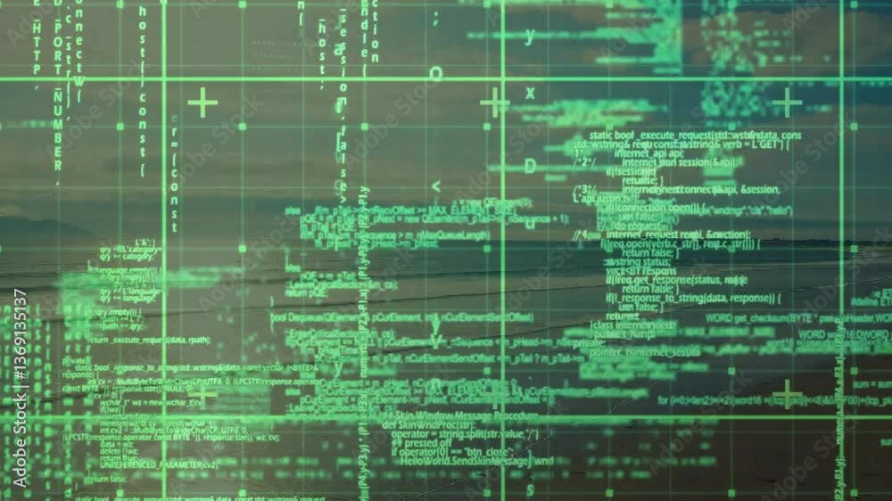 Poster green digital code and data processing animation over abstract background