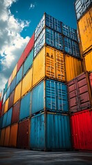 Fototapeta premium Stacked Shipping Containers, Colorful Cargo Units, Logistics and Transport, Sky View
