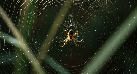 Spider Weaving Web Waiting in Center for Prey in Nature