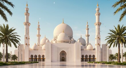 Magnificent White Mosque Exterior Under Clear Blue Sky with Palm Trees