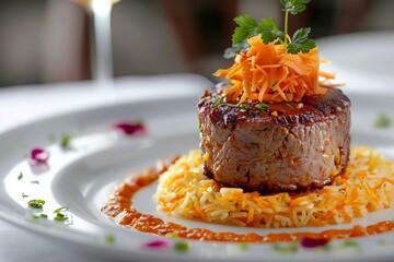 Uzbek Plov dome of saffron rice, lamb medallion crown, garlic foam swirl and carrot micro strips, fine dining