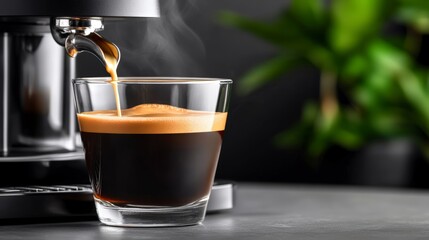 Espresso Pouring Into Glass Dark Coffee Machine And Green Background