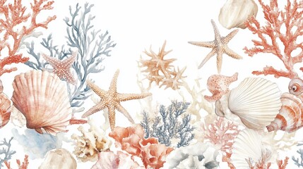 Watercolor Seashell and Coral Reef Seamless Pattern
