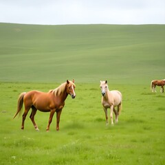 Obraz premium Hay caballos en un campo verde 