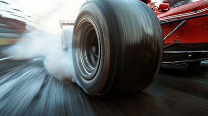 Formula race car spinning tires on track, smoking, blurred spectators in background, speed concept