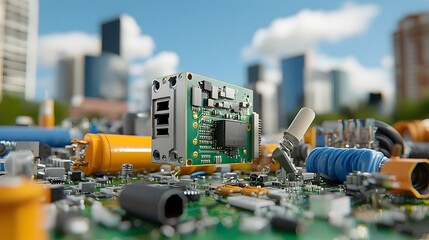 Closeup view of damaged electronic circuit board and melted components due to a short circuit with a urban cityscape in the background