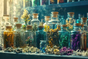 Collection of glass jars filled with dried herbs and flowers, bathed in sunlight, creating a mystical and enchanting atmosphere.