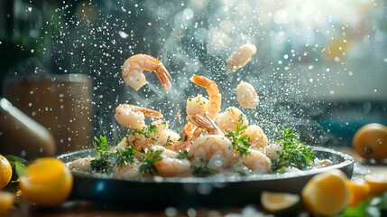 Fresh shrimp jumping from a pan, splashes and steam, kitchen setting