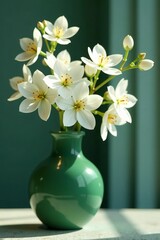 Close up of white blossoms in a modern green vase, contemporary, simplicity