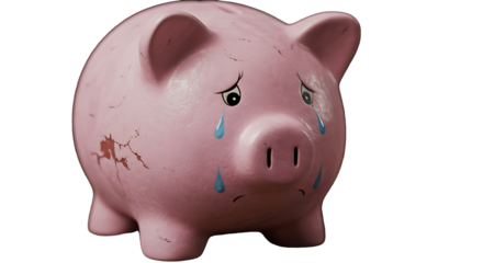 Sad pink piggy bank without woney isolated on white background, generated image   
