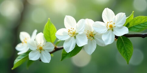 Obraz premium Close-up of white jasmine blossoms on a branch in spring, delicate, bloom