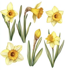 Watercolor daffodil flower parts and stems, yellow spring floral elements isolated on white background
