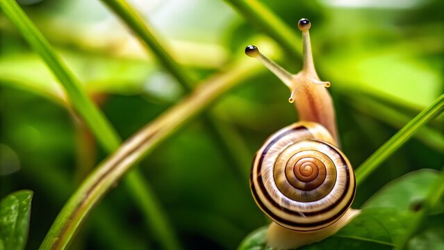 Tiny snail exploring lush green grass vibrant shell detail macro photography in