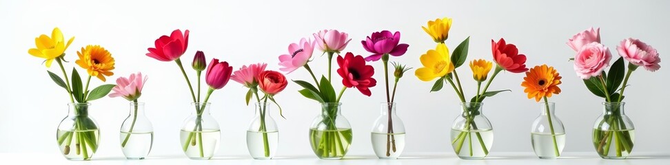 Elegant composition of various types of flowers in glass vase on white background, colorful, decor, glass